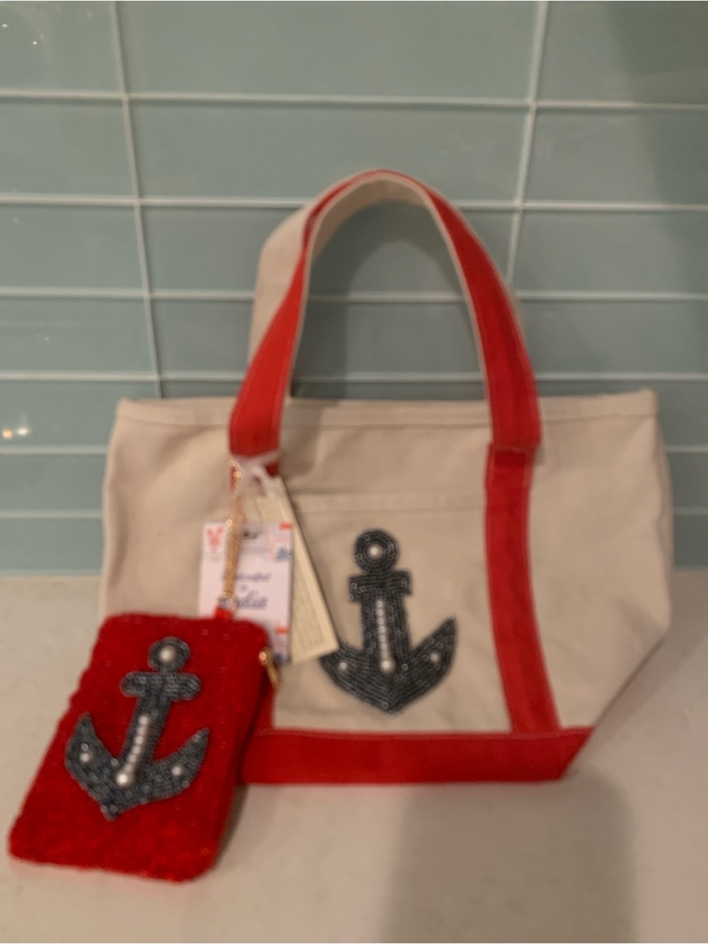 Small Canvas Tote Beaded Nautical Anchor Red Trim and Beaded Chain Pouch NWT - Picture 1 of 14